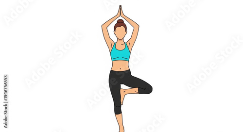 Woman practicing yoga tree pose on white background.