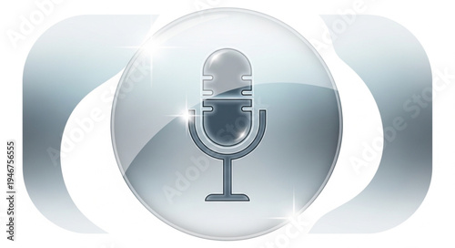 Retro microphone icon inside a glass sphere.