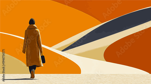 Walking through vibrant hues, a solitary figure strolls beneath warm orange skies in a mesmerizing urban canvas