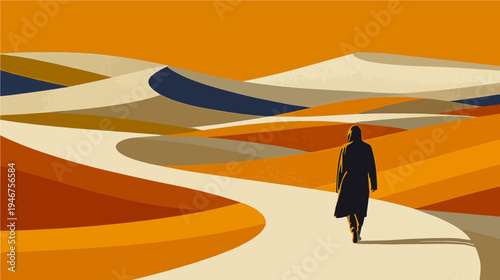 A solitary figure walks along a winding path through vibrant, rolling sand dunes. The warm hues of orange and gold fill the scene, capturing a serene moment in nature.