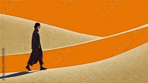 Walking through undulating sands under a bright orange sky at sunset in a vast desert landscape