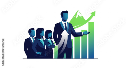 Business team with upward trending graph and mountain peak.