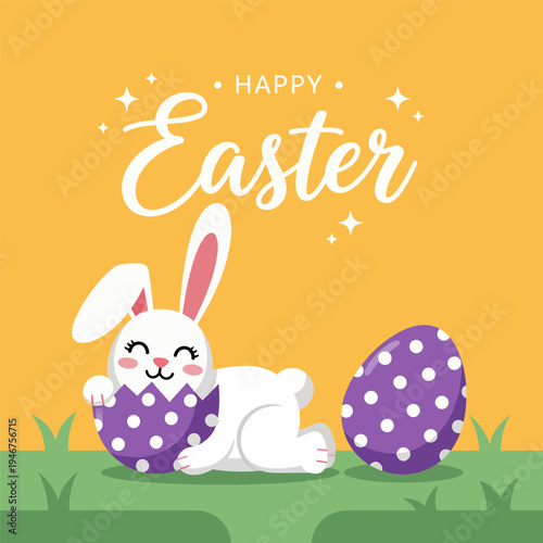 Happy cartoon Easter day featuring a cute bunny with decorated eggs on the grass vector illustration