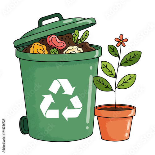 Recycling bin filled with organic waste and a sprouting plant in a pot.
