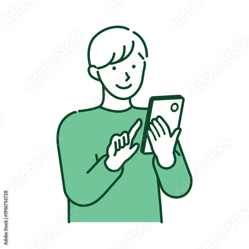 Happy young man smiling while using a smartphone for digital entertainment and mobile communication in a clean aesthetic line art style