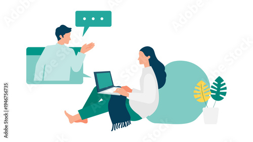 Woman relaxing on a cushion at home while attending an online seminar on her laptop with a male instructor explaining lessons on the digital screen