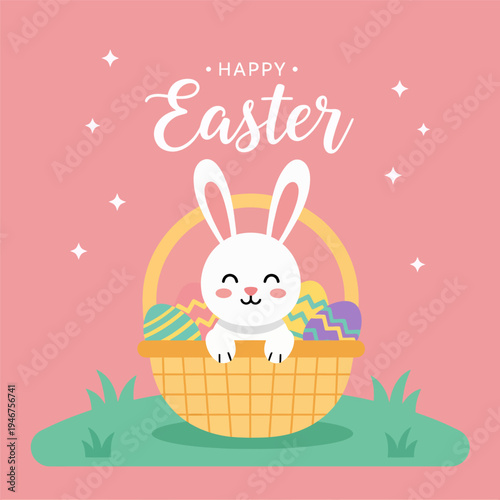 Happy cartoon Easter bunny with eggs and a basket in a cute celebration vector illustration