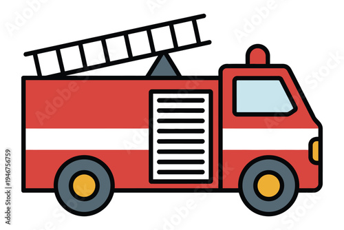 Red fire truck icon illustration, emergency vehicle with ladder, educational and safety concept, children’s book illustration, community service and firefighting vector