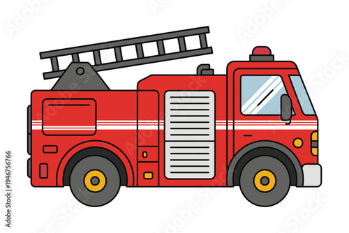 Red fire truck icon illustration, emergency vehicle with ladder, educational and safety concept, children’s book illustration, community service and firefighting vector
