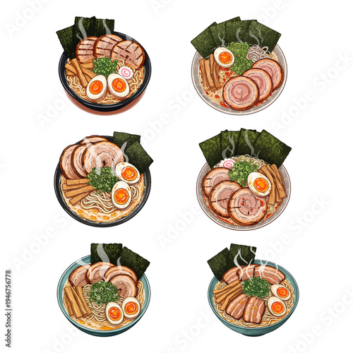 Varieties of traditional ramen bowls with different toppings and broth styles