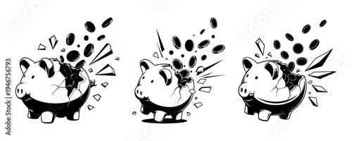 Piggy bank exploding with coins and money in a sequential animation