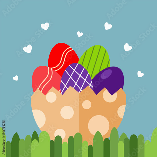 A cartoon vector illustration an Easter day featuring a colorful eggs in the grass