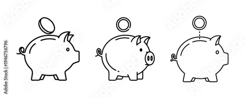 Three piggy banks with different coin slot designs illustrated in simple line drawings