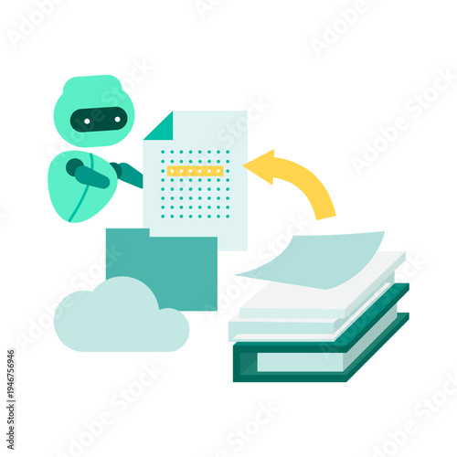 Artificial intelligence robot scanning paper documents for OCR digitization and cloud storage and AI promoting paperless workflow.