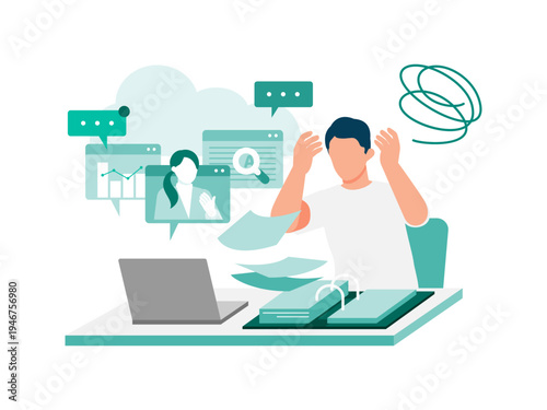 Hybrid worker struggling with heavy task load and digital documents on laptop during extreme heat.  Remote male employee facing professional burnout.