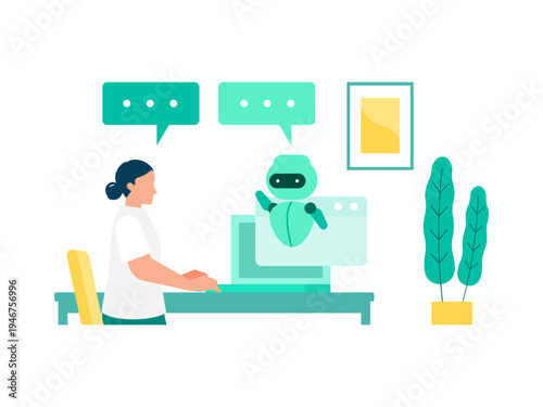 Young woman consulting with personal AI assistant on laptop in home office during heatwave, female professional using artificial intelligence for business solution and energy saving hybrid work