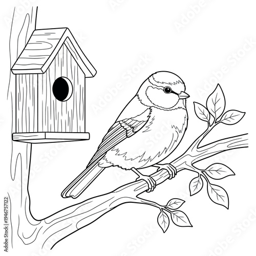 Bird perched beside a birdhouse on a branch with leaves