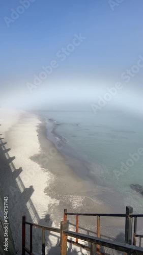 Blue sea water and foggy sky. Odesa, Ukraine. 
