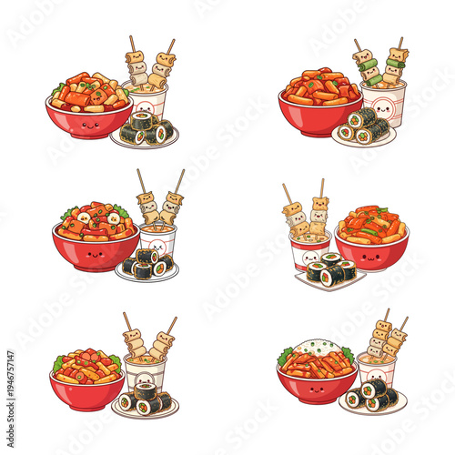 Delightful cartoon bowls of spicy cuisine with skewered meats and drinks
