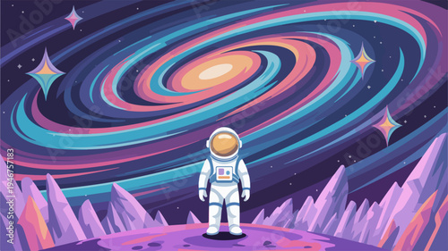 Astronaut standing alone on purple planet with vibrant swirling galaxy background and stars