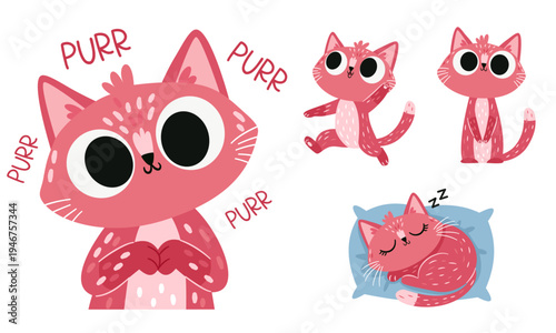 A cute pink kitten in various poses: a big face purring, sleeping, sitting, and running. A set of flat vector illustrations . Vector illustration