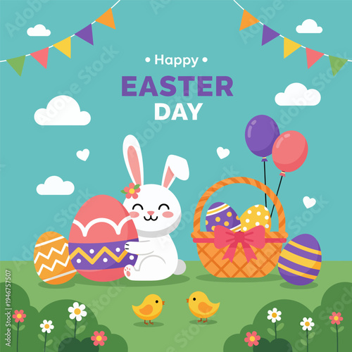 Vector illustration happy easter day with rabbit, balloon and eggs