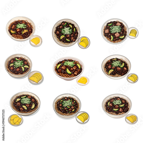 Assorted bowls of mixed vegetable and fruit salads with lemon wedges