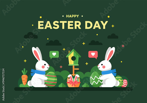 Happy easter day with rabbit and eggs, vector illustration