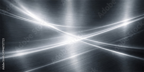 Brushed silver metal plate with a polished stainless steel texture featuring abstract light reflections on a shiny industrial aluminum surface backdrop