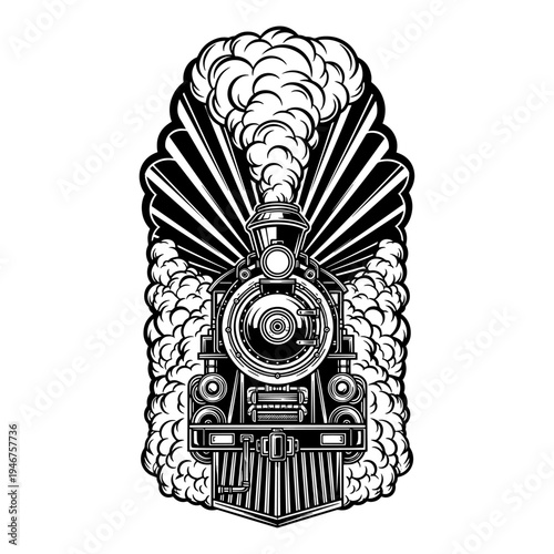 Vintage steam locomotive emerging from a cloud of smoke and steam