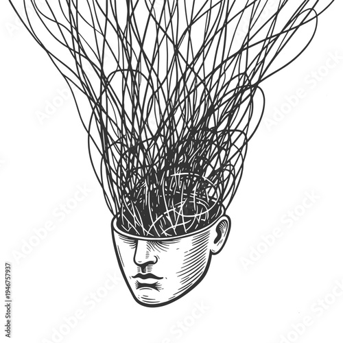 human head with chaotic tangled lines emerging from the mind, overthinking, mental stress, confusion, and psychological turmoil sketch engraving generative ai vector illustration. Black and white.