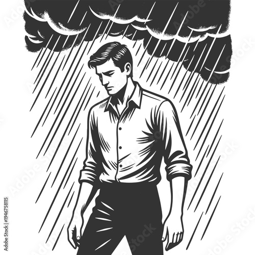 lonely man standing under dark storm clouds and rain, symbolizing sadness, depression, loneliness, and emotional struggle sketch engraving generative ai vector illustration. Black and white image.