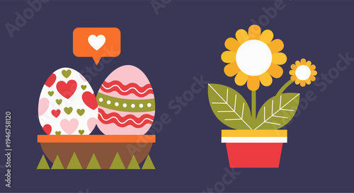 Two illustrations depicting moments from the Easter celebration, vector illustration