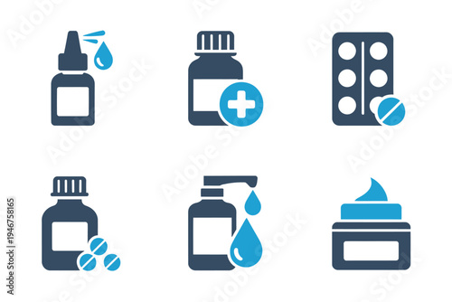Medical and pharmacy icons set with bottles and pills on white background