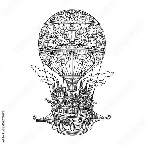 Intricate vintage illustration of a detailed steam-powered airship design