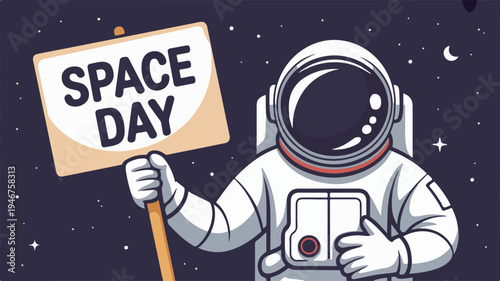 Astronaut in space holding space day sign with stars and moon background