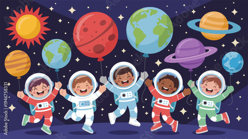 Diverse children astronauts jumping in space with planets and stars colorful illustration