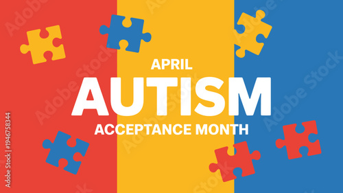 Autism acceptance month awareness colorful puzzle pieces design