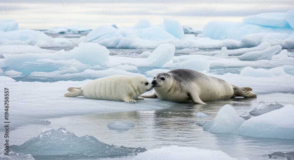 Naklejka premium Two seals, one adult and one pup, interact on icy terrain with melting ice chunks in a serene, cold