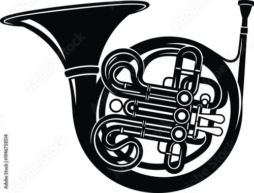 WebBlack Silhouette Vector Illustration of a Detailed French Horn Musical Instrument for Orchestra Concert Jazz Band Performance and Classical Music Graphic Design Projects