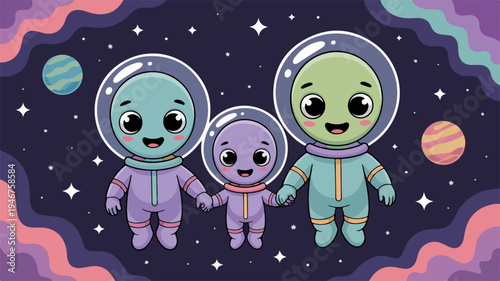 Three cheerful cartoon aliens in space suits exploring the cosmos with planets and stars