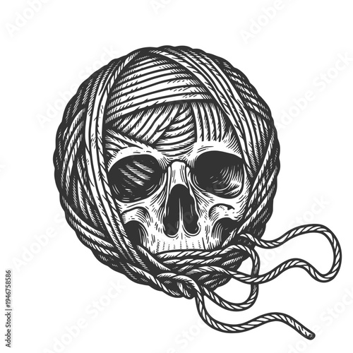 human skull entangled in a ball of yarn, tangled thoughts, mortality, fate, and psychological complexity sketch engraving generative ai vector illustration. Scratch board imitation. Black and white.