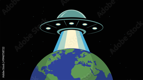 Ufo spaceship hovers above earth globe in space alien invasion concept with green planet and black background