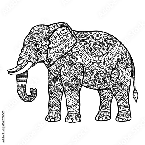 Intricate line drawing of an elephant with detailed geometric patterns on its skin