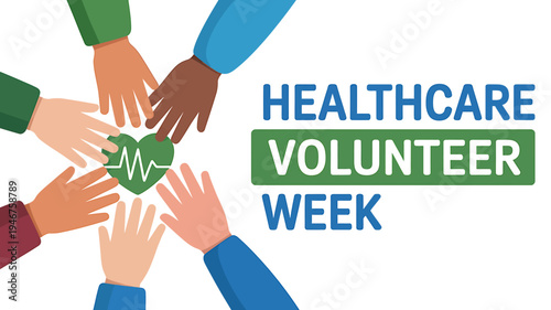 Diverse hands around heart with electrocardiogram line for healthcare volunteer week