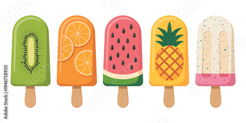Colorful fruit ice cream popsicles on white background for summer treats and desserts