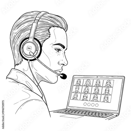 Professional using headset and laptop for customer service or data entry tasks