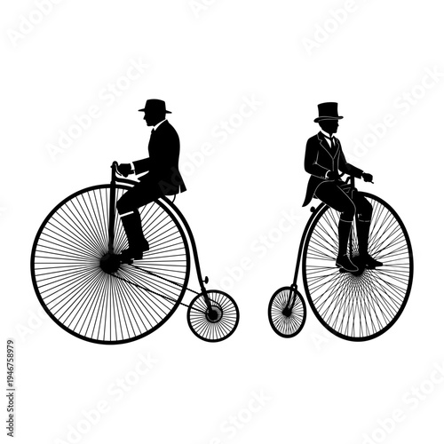 Victorian gentlemen riding high-wheel penny-farthing bicycles in vintage attire