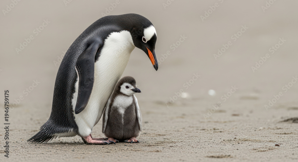 Obraz premium A penguin standing protectively over its chick on a sandy beach with a shallow depth of field,