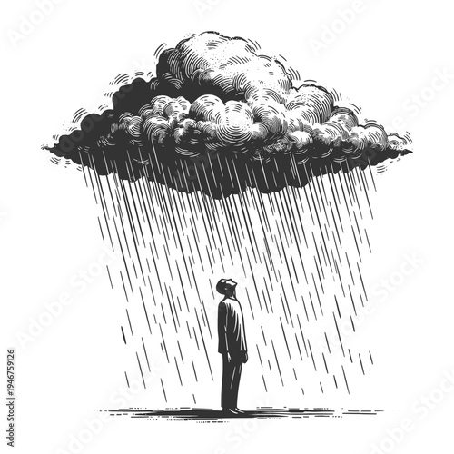 solitary man standing beneath a heavy rain cloud, depression, emotional burden, sadness, and psychological struggle sketch engraving generative ai vector illustration. Black and white image.